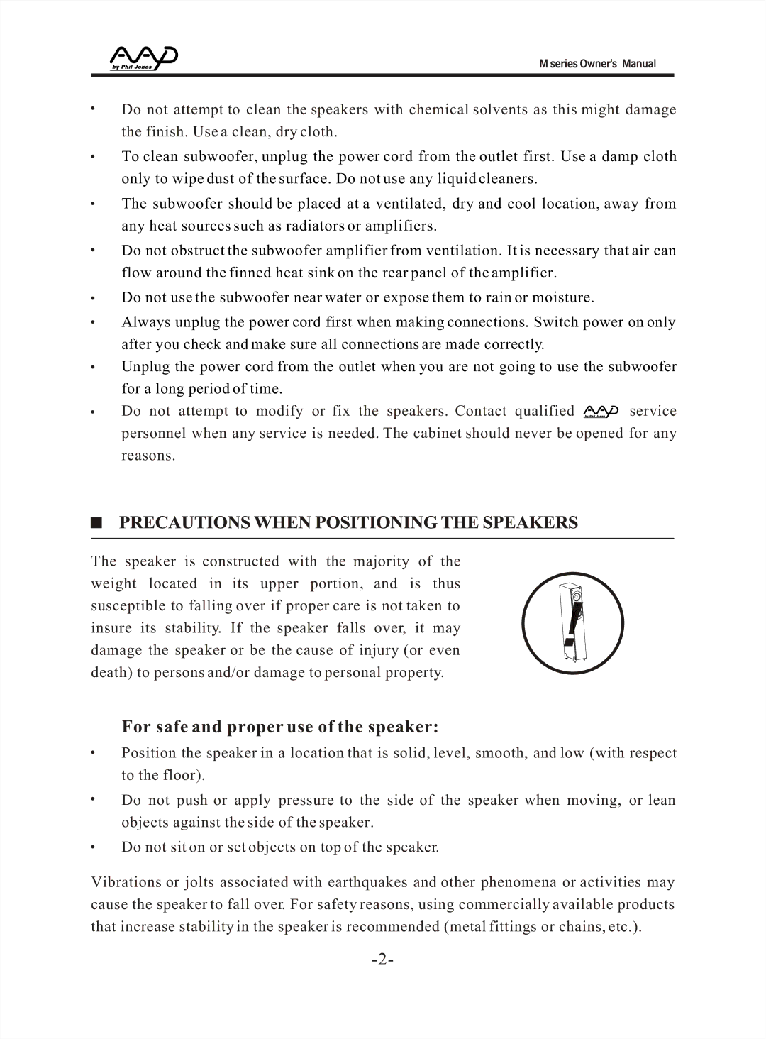 American Acoustic Development M Series manual For safe and proper use of the speaker 