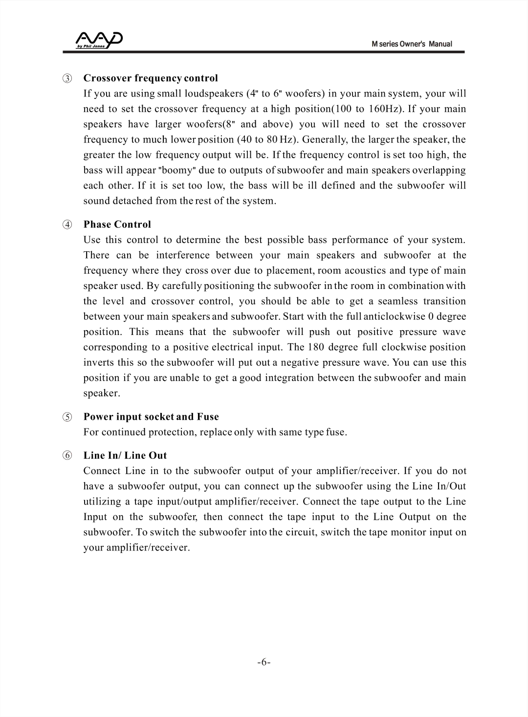 American Acoustic Development M Series manual Crossover frequency control, Phase Control, Power input socket and Fuse 