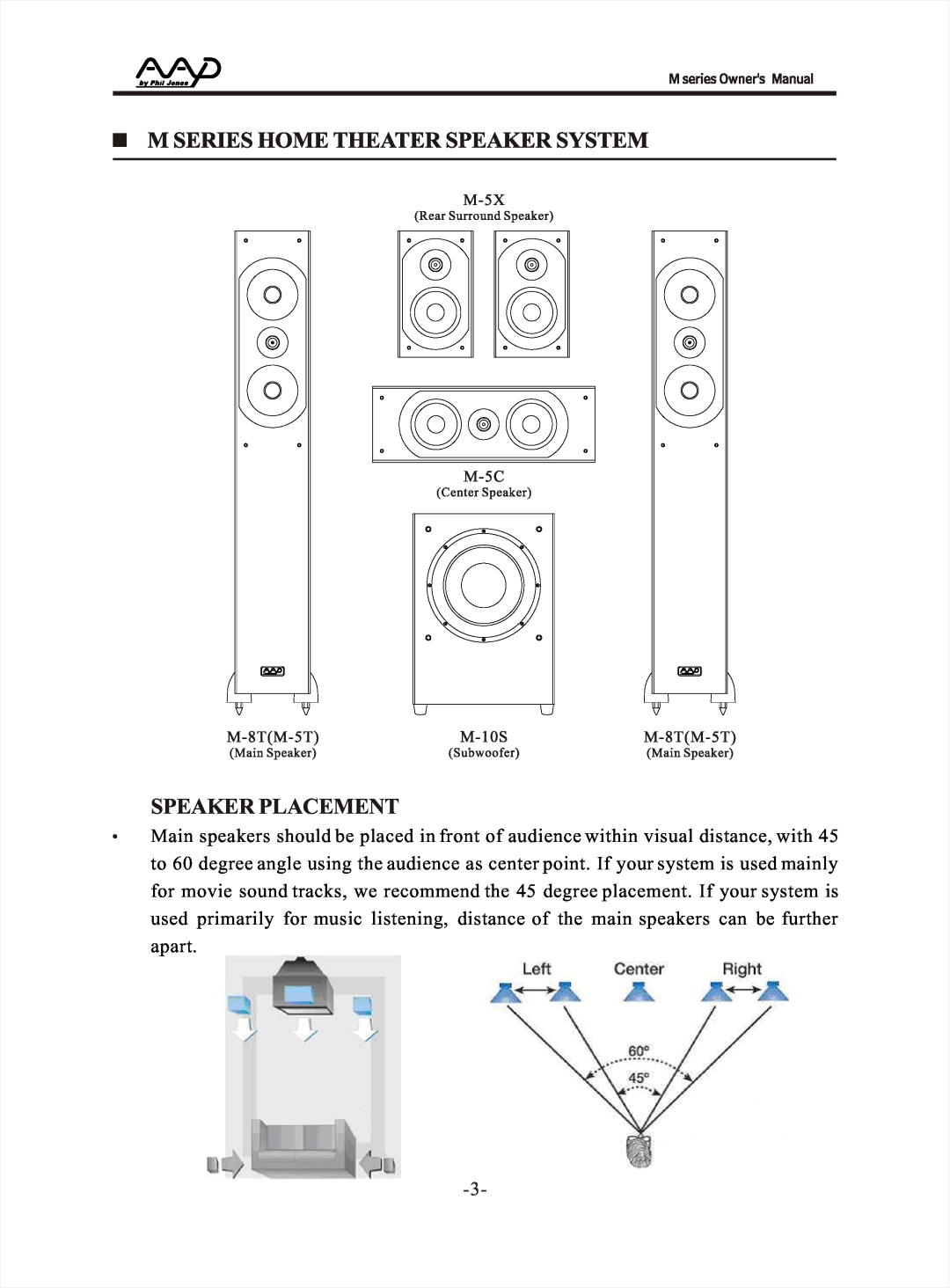 American Acoustic Development M Series manual Speaker Placement 