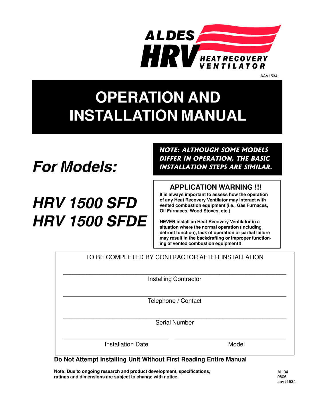 American Aldes HRV 1500 SFD, 1500 SFDE installation manual For Models 