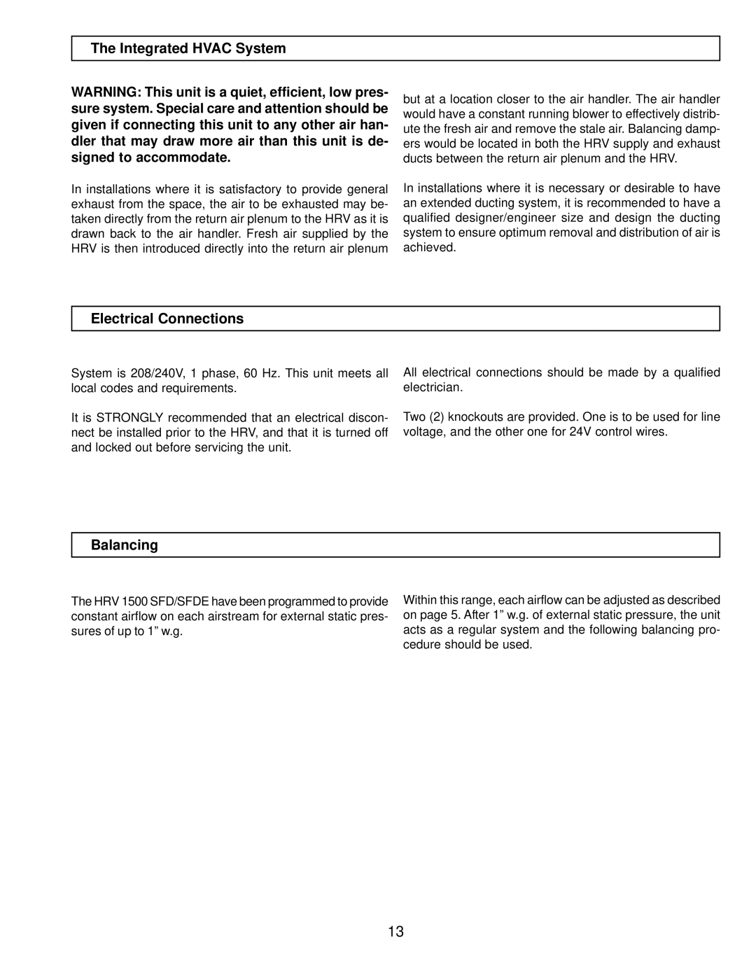 American Aldes HRV 1500 SFD, 1500 SFDE installation manual Integrated Hvac System, Electrical Connections, Balancing 