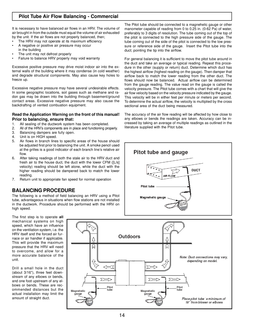 American Aldes 1500 SFDE, HRV 1500 SFD installation manual Balancing Procedure, Pilot Tube Air Flow Balancing Commercial 