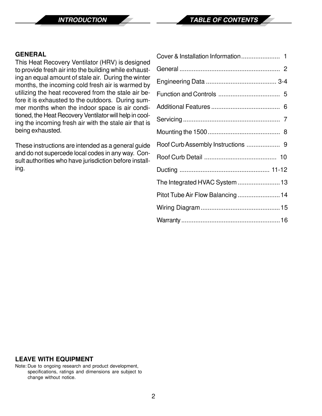 American Aldes 1500 SFDE, HRV 1500 SFD installation manual Introduction Table of Contents 