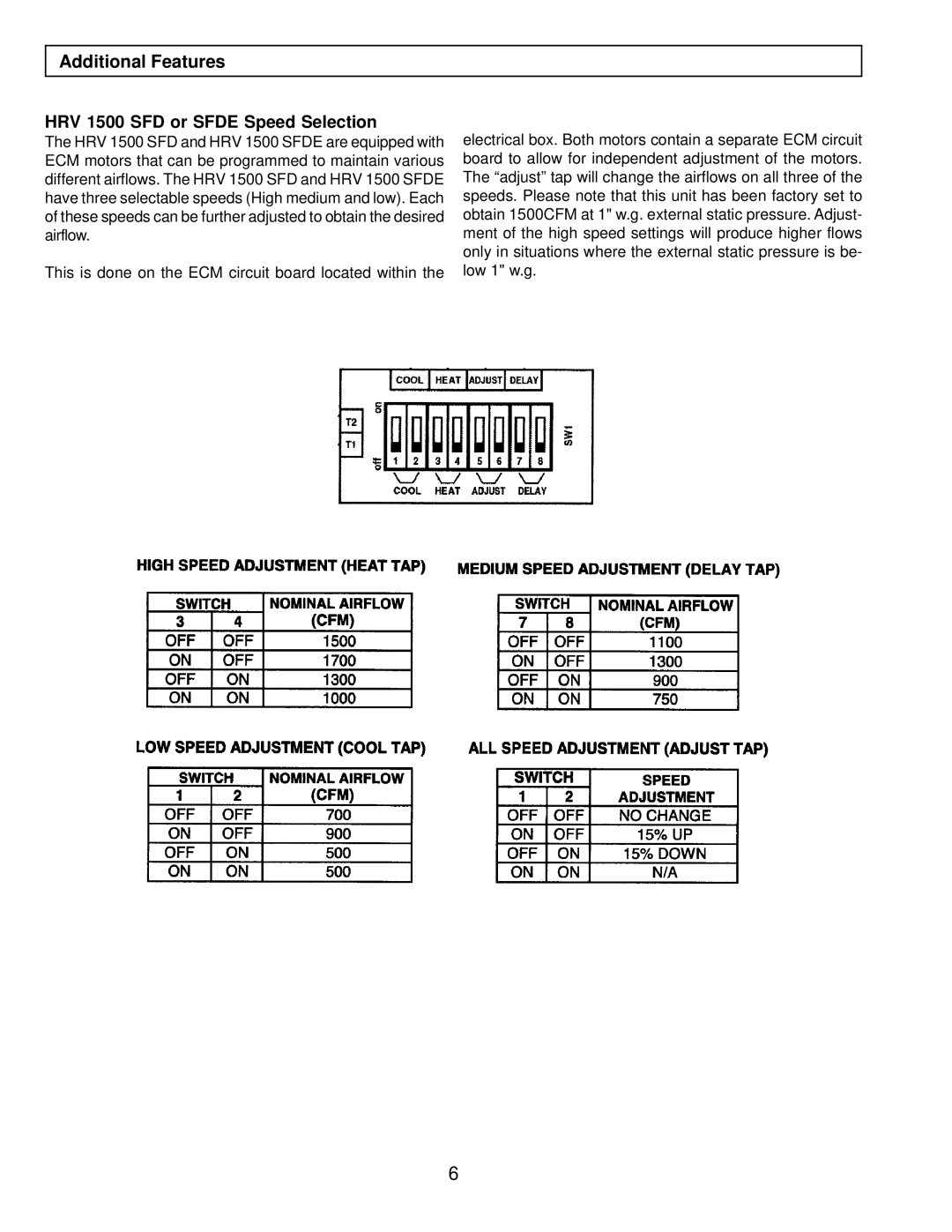 American Aldes 1500 SFDE installation manual Additional Features HRV 1500 SFD or Sfde Speed Selection 