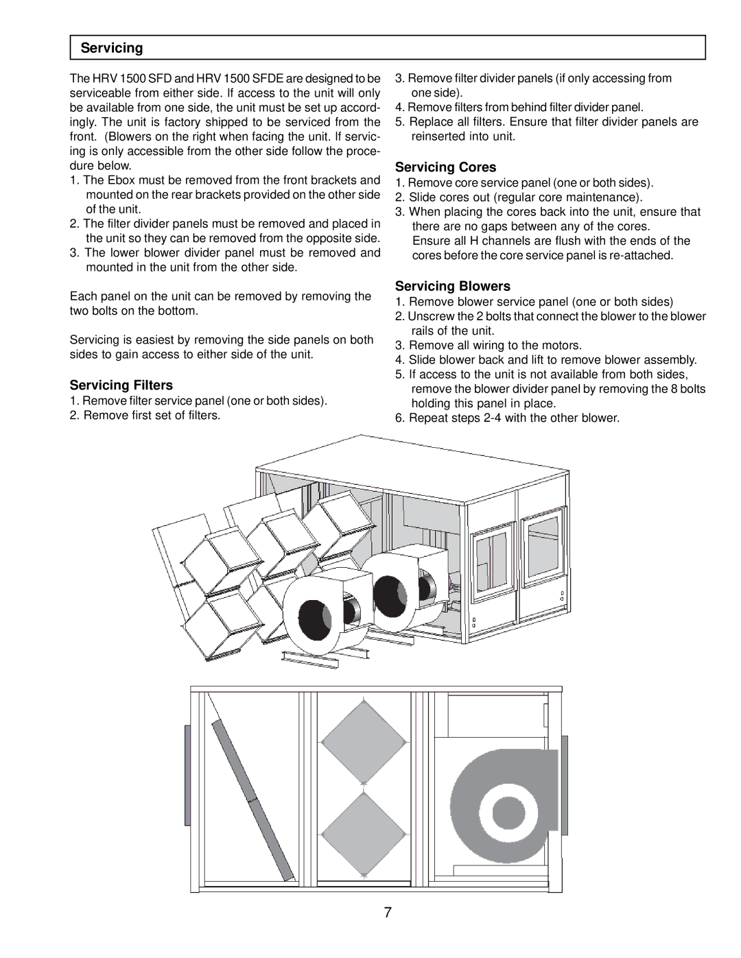 American Aldes HRV 1500 SFD, 1500 SFDE installation manual Servicing Filters, Servicing Cores, Servicing Blowers 