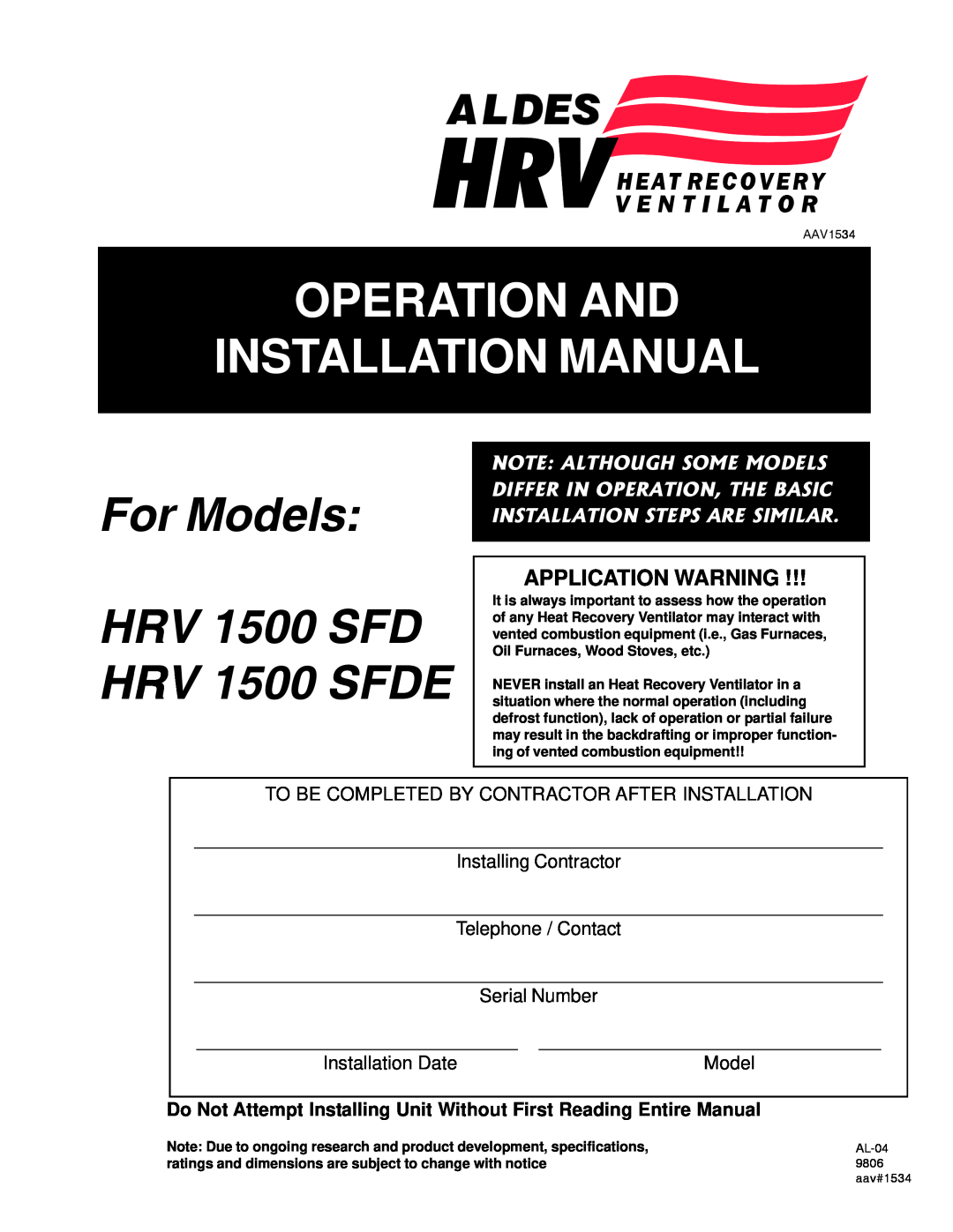 American Aldes HRV 1500 SFD installation manual Application Warning, Operation And Installation Manual, HRV 1500 IFD 