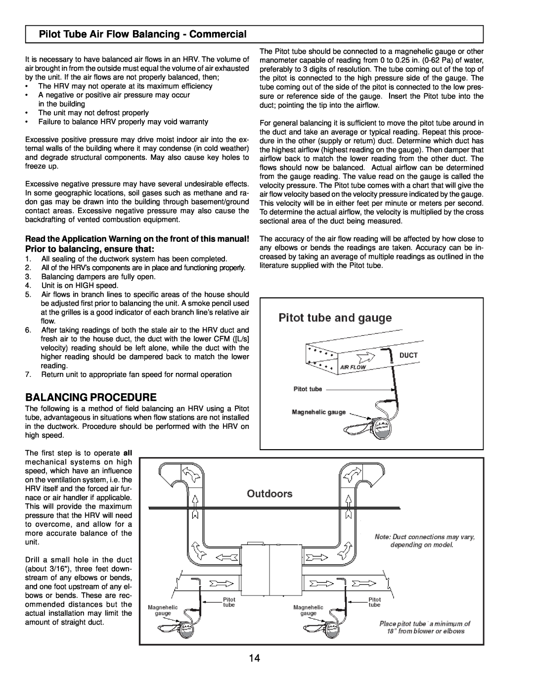 American Aldes 1500 SFDE, HRV 1500 SFD installation manual Balancing Procedure, Pilot Tube Air Flow Balancing - Commercial 