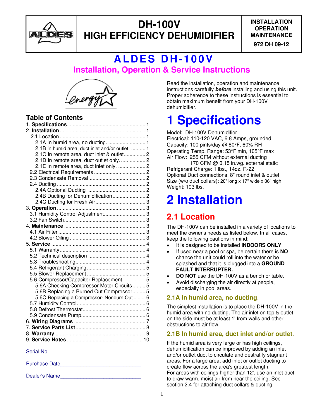 American Aldes DH-100V specifications Specifications, Installation, Location 