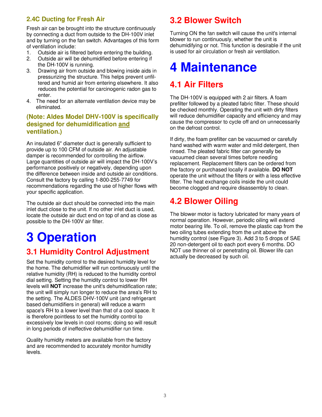 American Aldes DH-100V specifications Operation, Maintenance, Blower Switch, Air Filters, Blower Oiling 