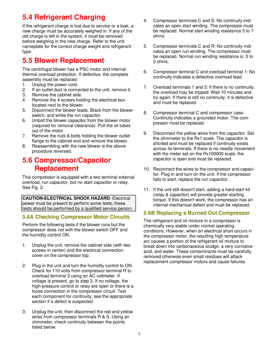 American Aldes DH-100V specifications Refrigerant Charging, Blower Replacement, Compressor/Capacitor Replacement 