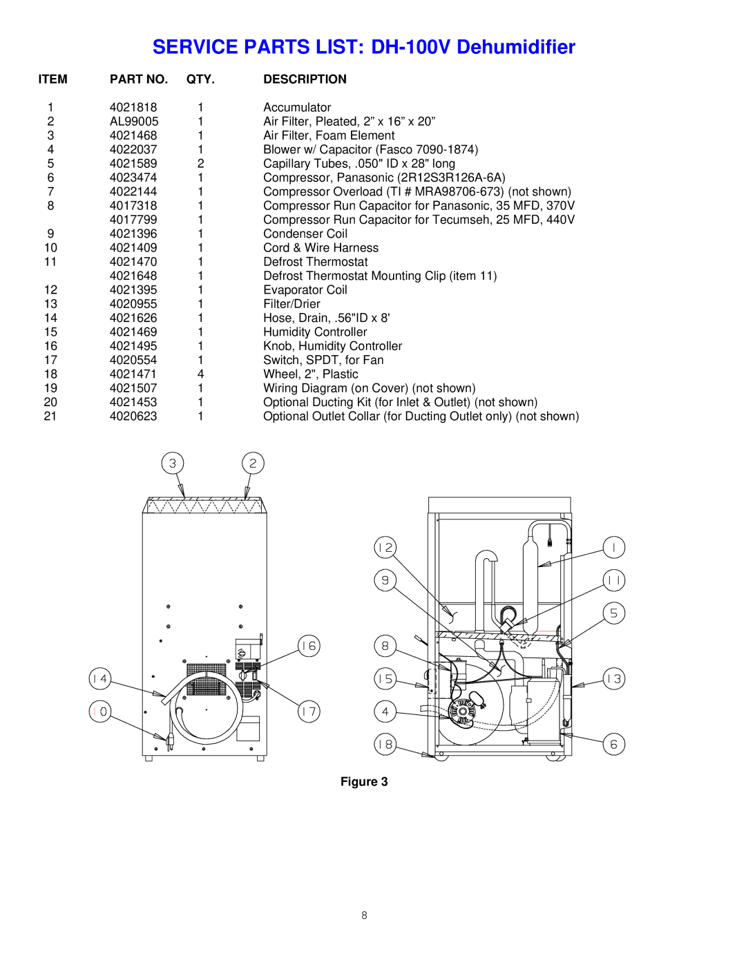 American Aldes specifications Service Parts List DH-100V Dehumidifier 