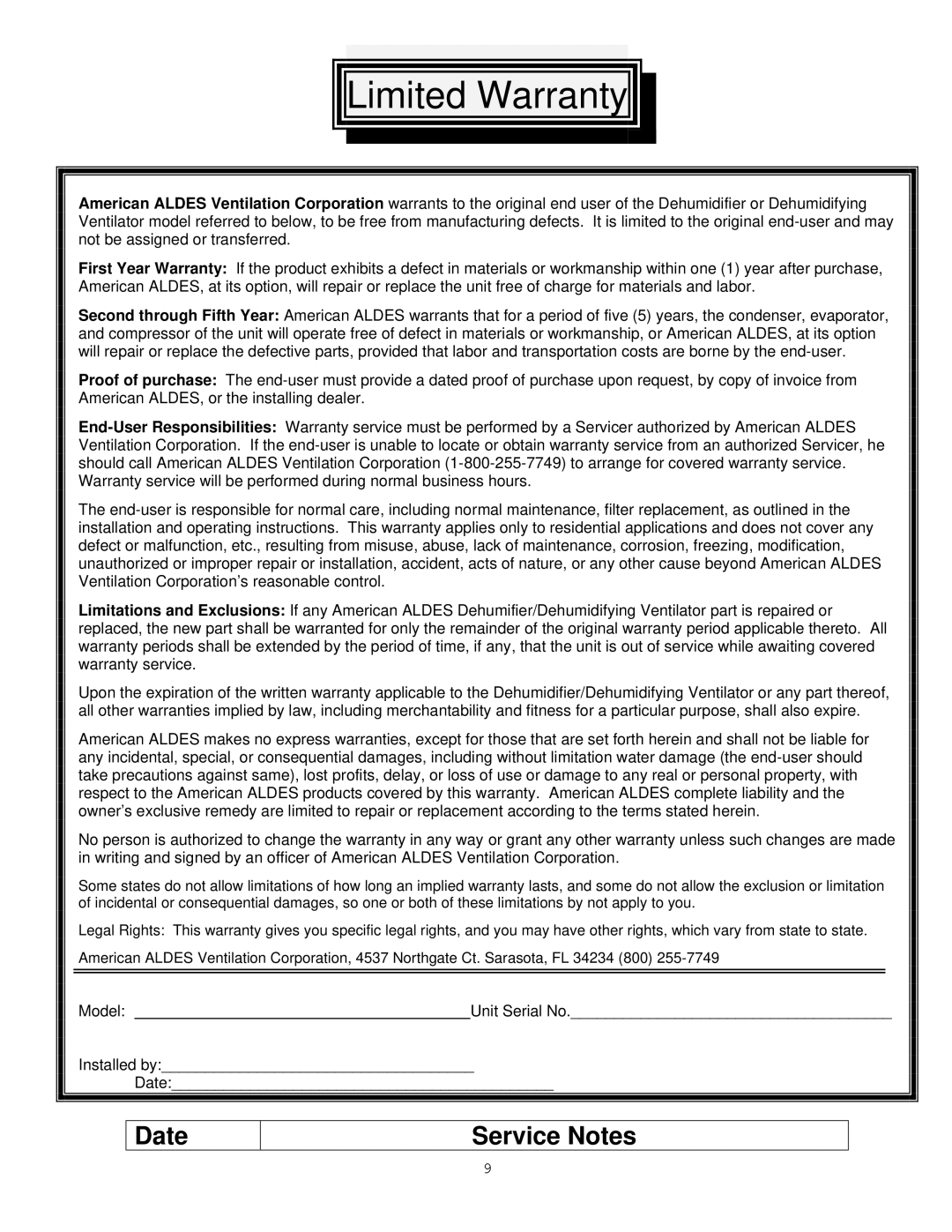 American Aldes DH-100V specifications Limited Warranty 