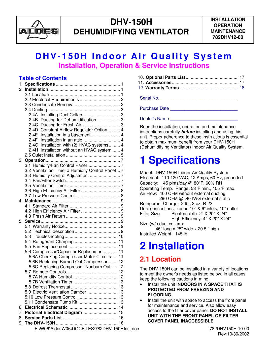 American Aldes DHV-150H specifications V 1 5 0 H I n d o o r a i r Q u a l i t y S y s t e m, Location 