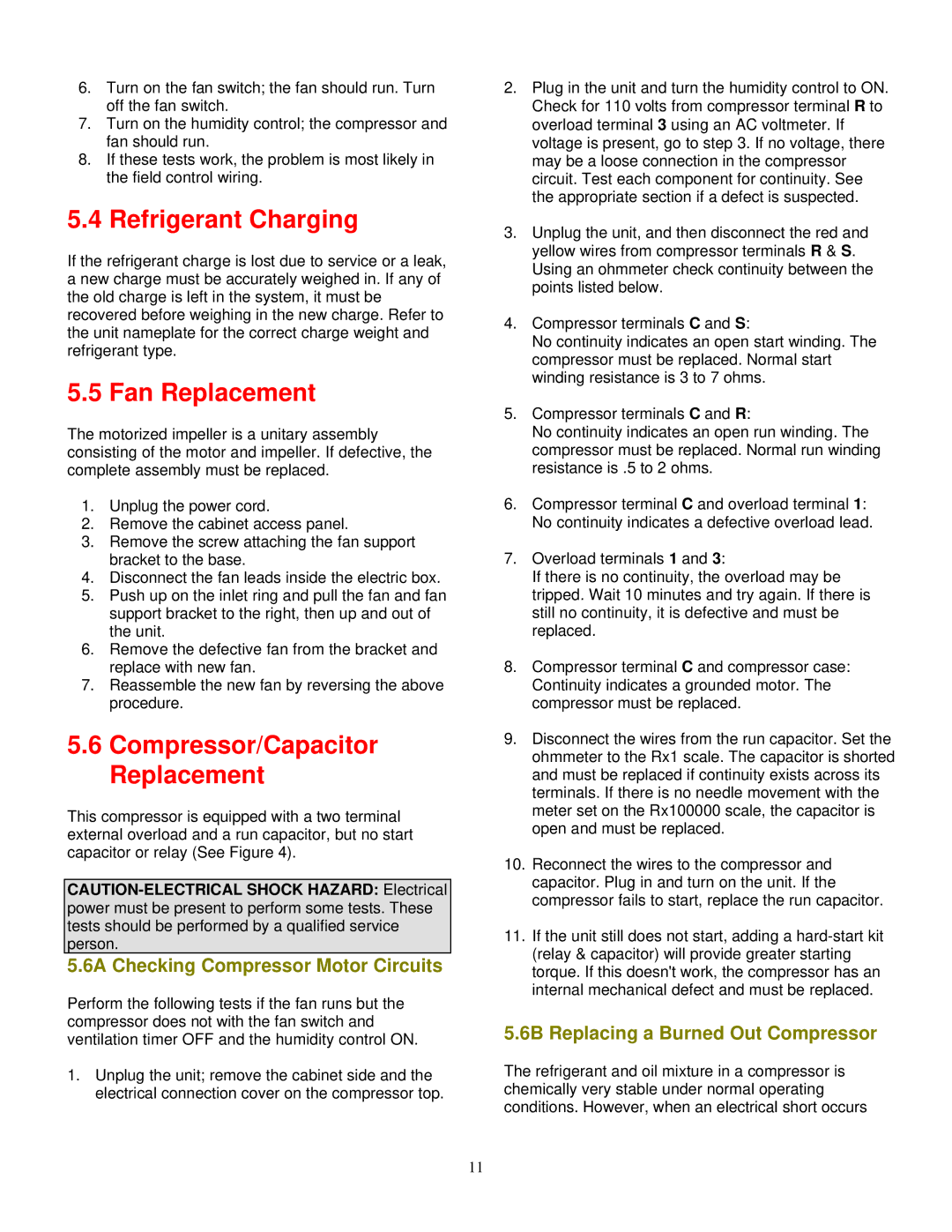 American Aldes DHV-150H specifications Refrigerant Charging, Fan Replacement, Compressor/Capacitor Replacement 