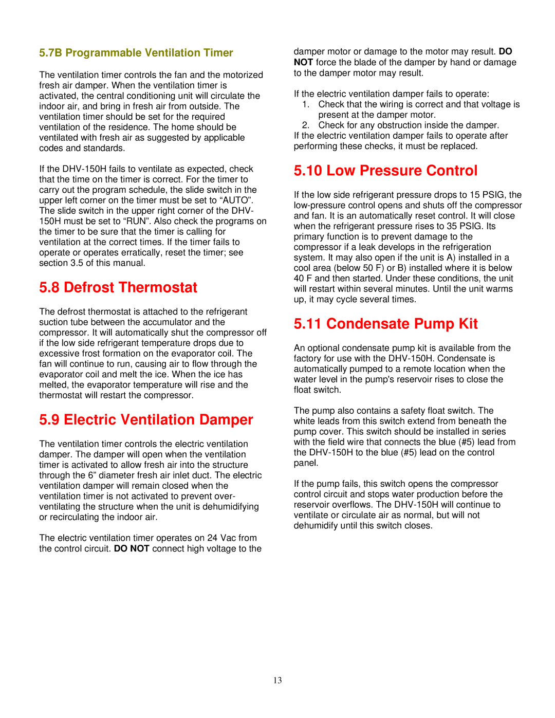 American Aldes DHV-150H specifications Defrost Thermostat, Electric Ventilation Damper, Condensate Pump Kit 