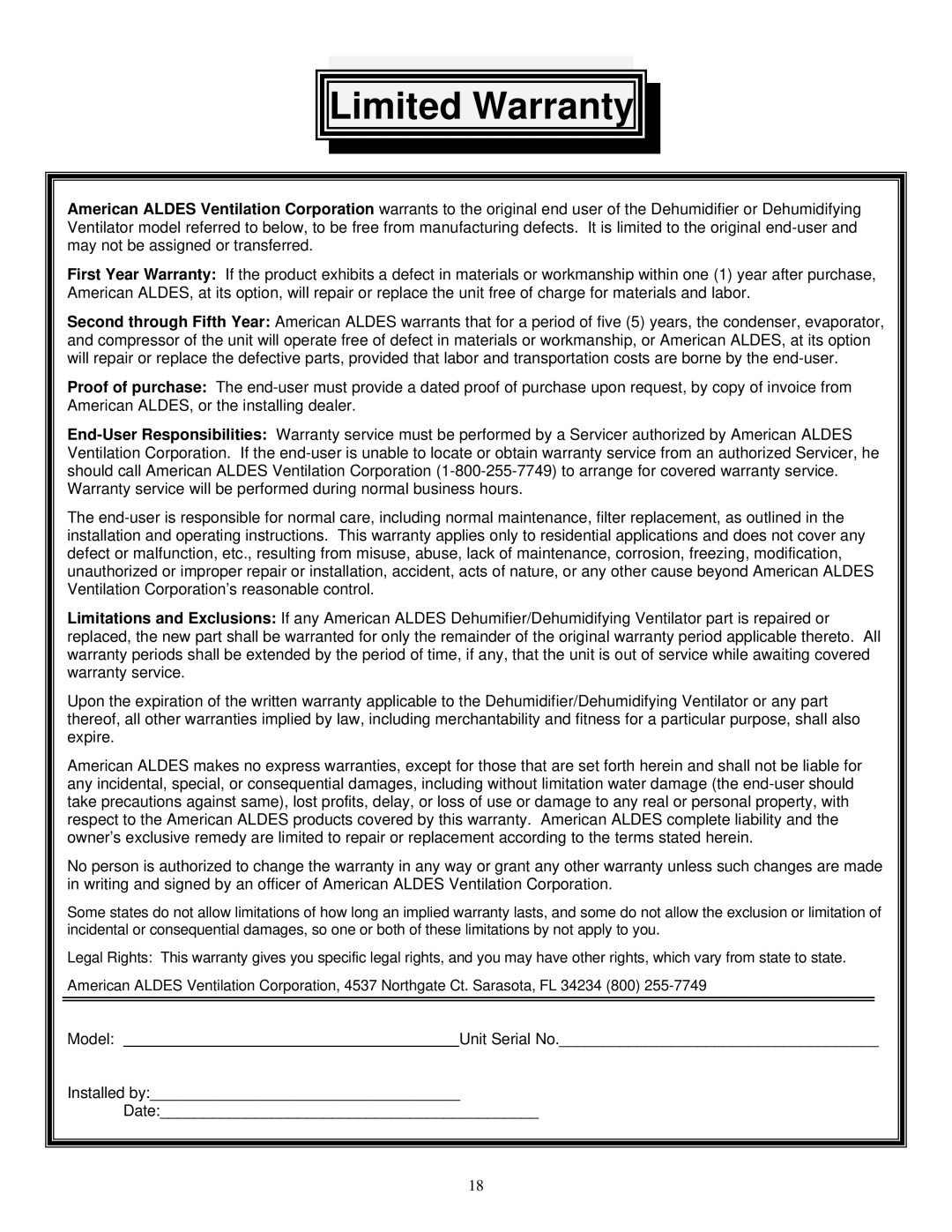 American Aldes DHV-150H specifications Limited Warranty 