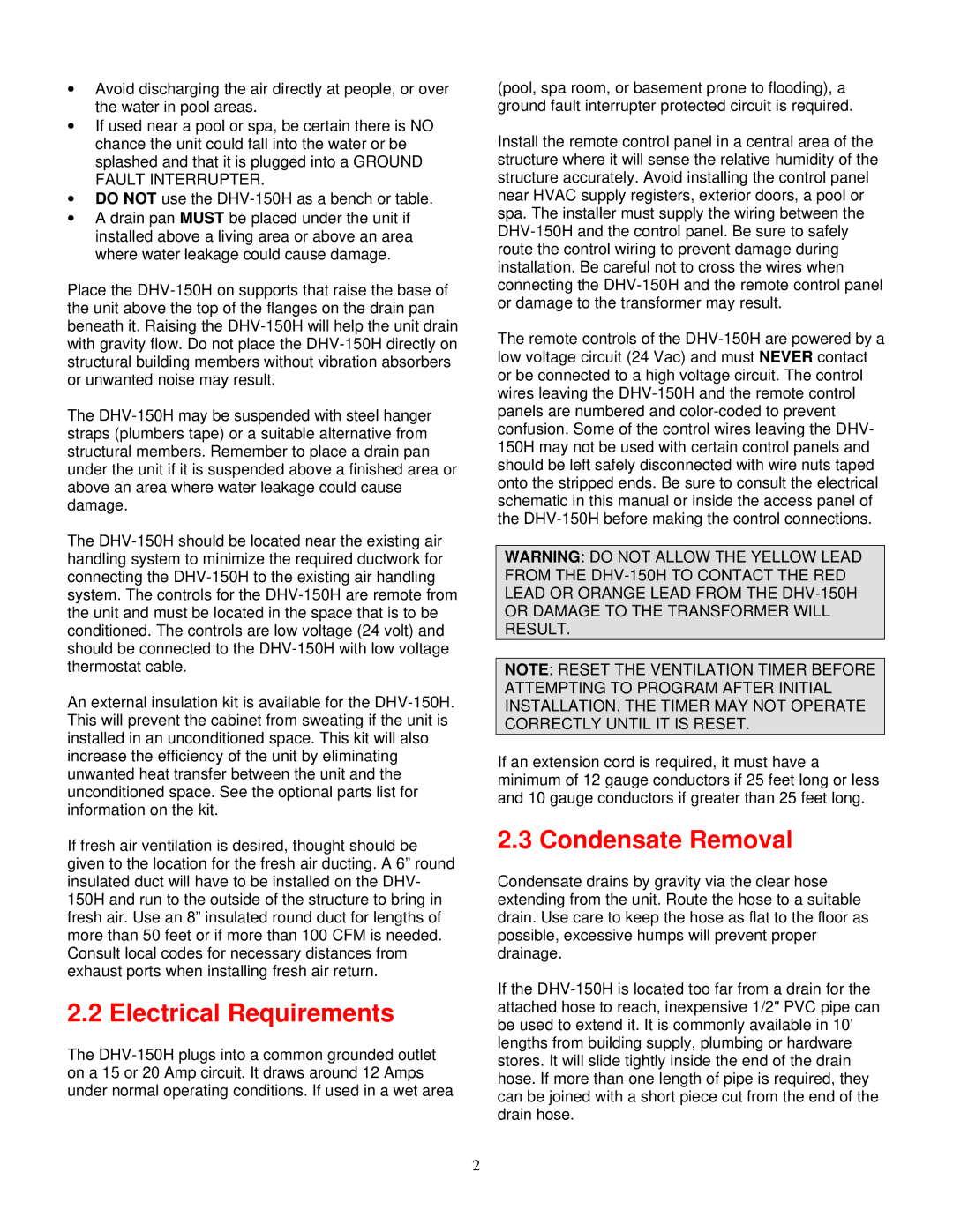 American Aldes DHV-150H specifications Electrical Requirements, Condensate Removal 