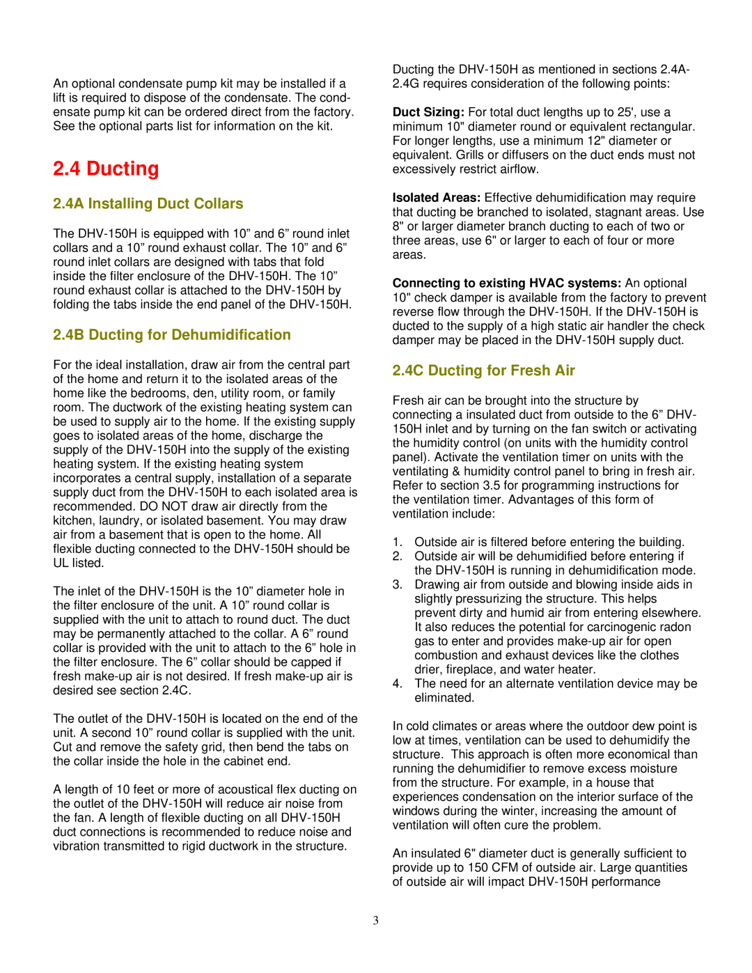 American Aldes DHV-150H 4A Installing Duct Collars, 4B Ducting for Dehumidification, 4C Ducting for Fresh Air 