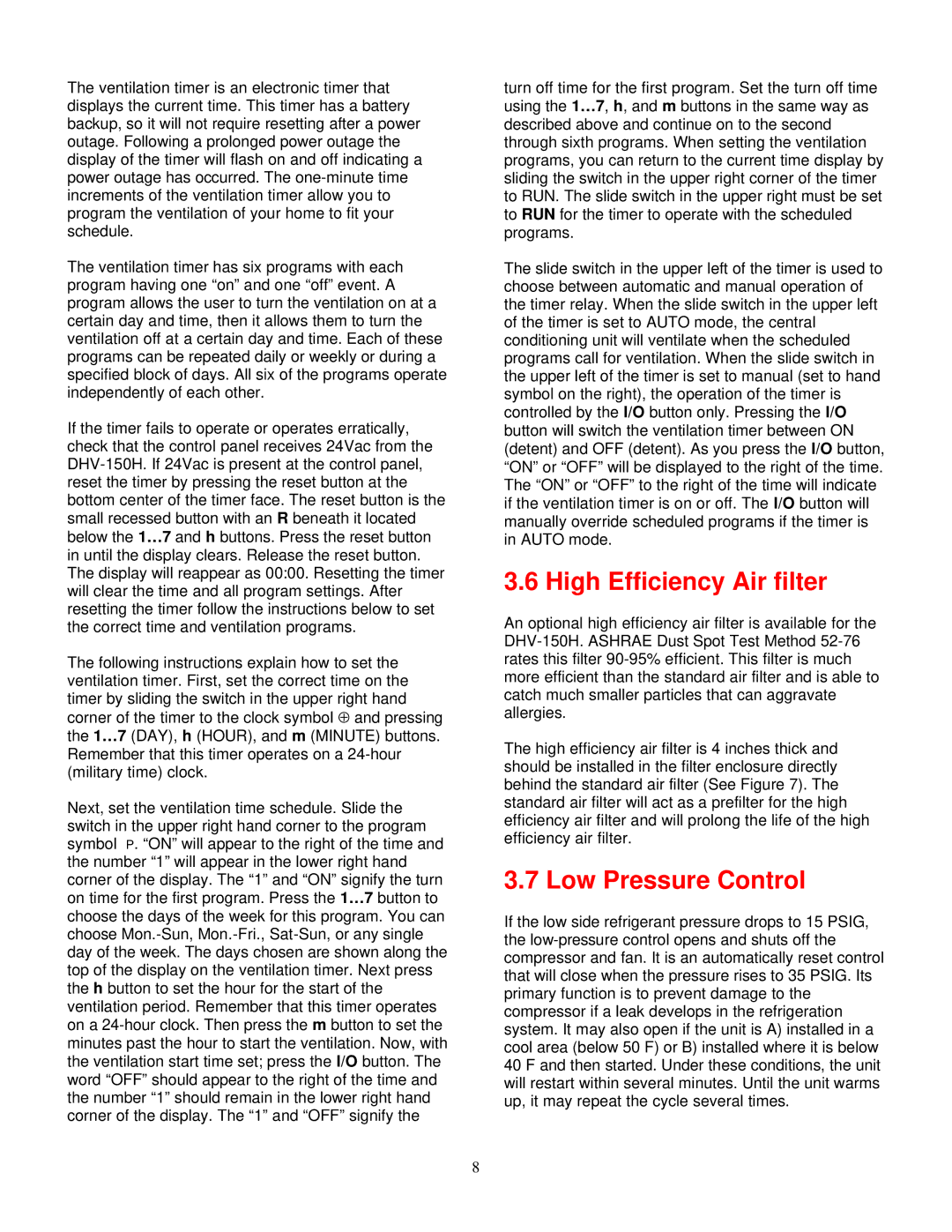 American Aldes DHV-150H specifications High Efficiency Air filter, Low Pressure Control 