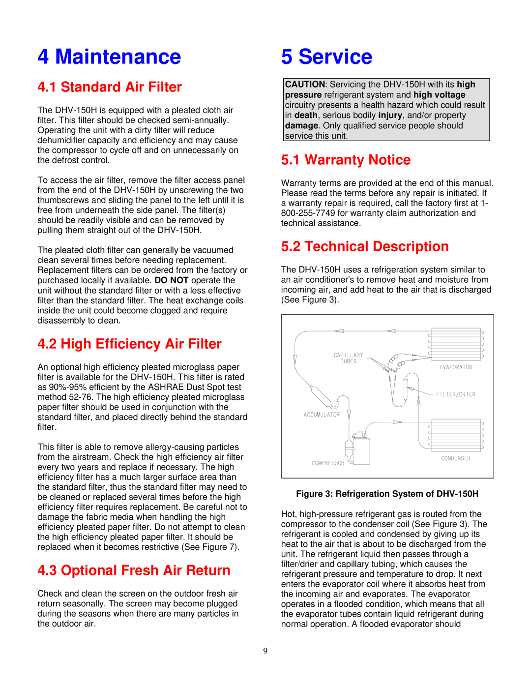 American Aldes DHV-150H Standard Air Filter, Optional Fresh Air Return, Warranty Notice, Technical Description 