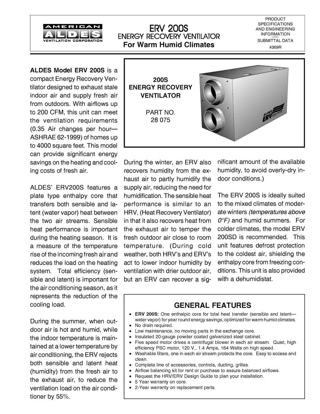 American Aldes ERV 200S specifications Energy Recovery Ventilator, For Warm Humid Climates, General Features 