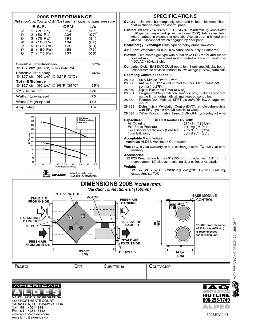 American Aldes ERV 200S specifications Dimensions 200S inches mm 