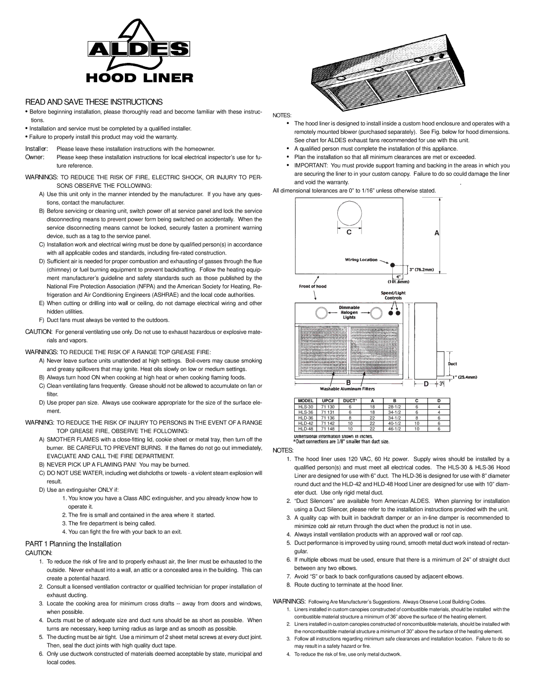 American Aldes Hood Liner dimensions Read and Save These Instructions, Part 1 Planning the Installation 