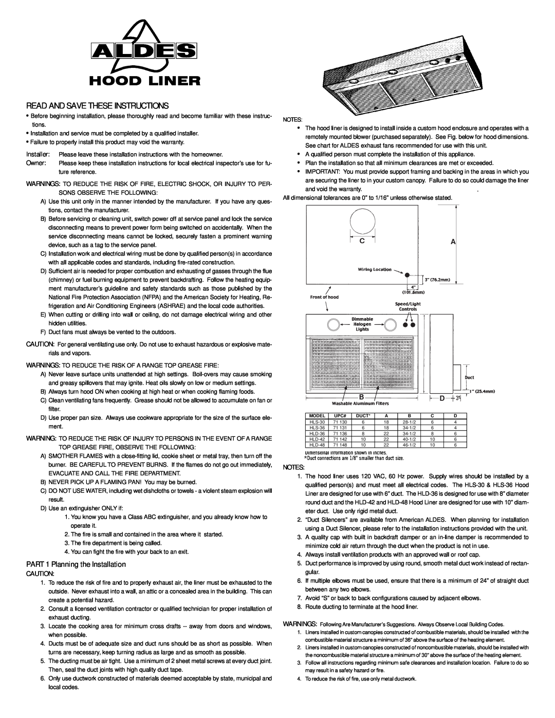 American Aldes Hood Liner dimensions PART 1 Planning the Installation, Read And Save These Instructions 