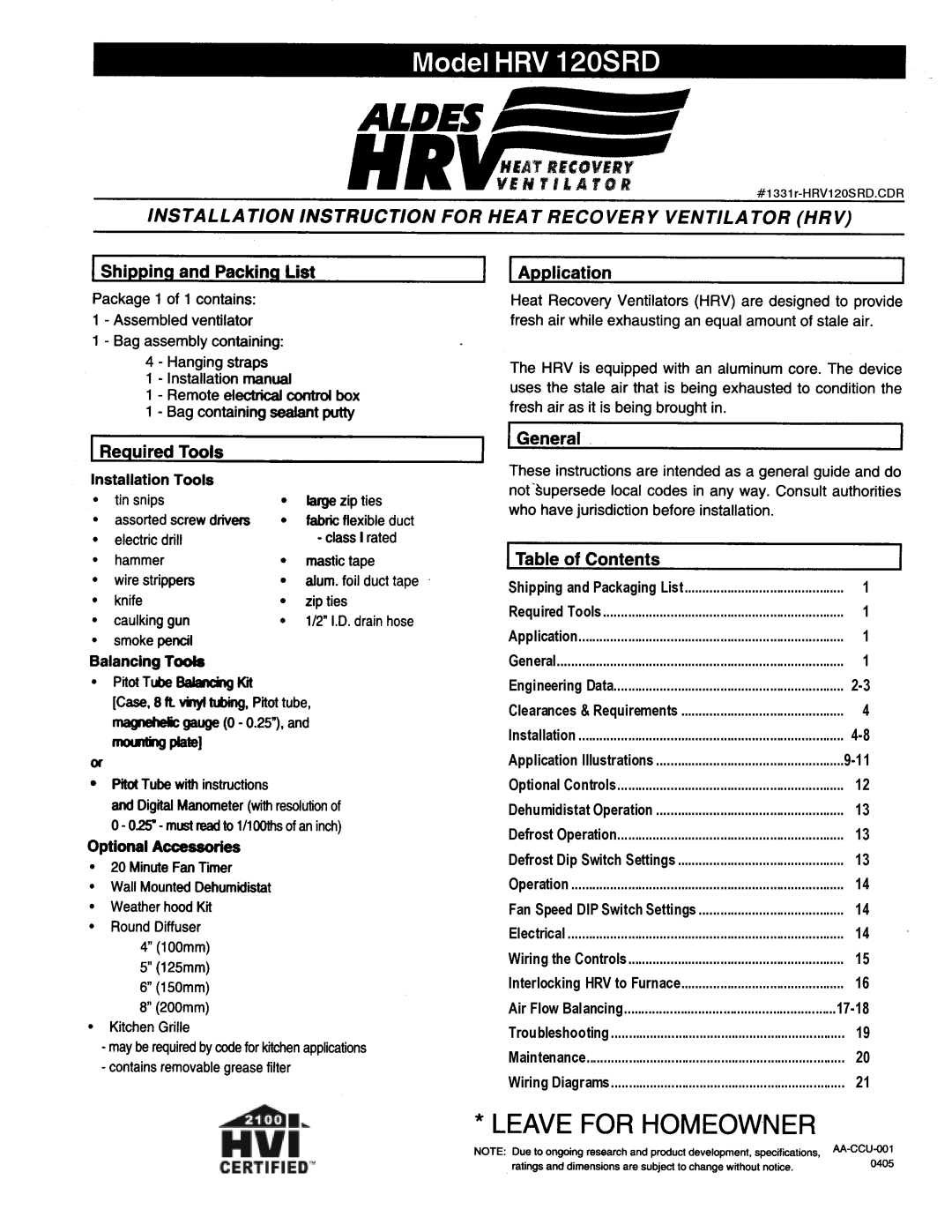American Aldes HRV 120SRD manual 