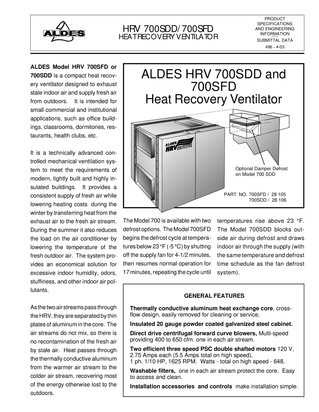 American Aldes HRV 700SFD manual Aldes HRV 700SDD 