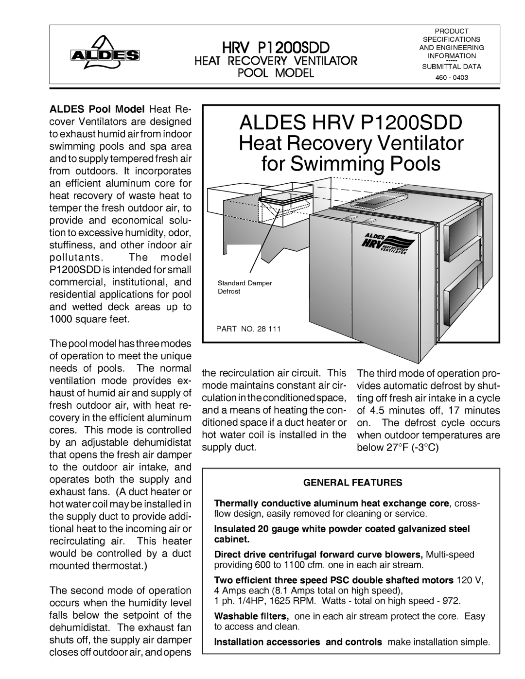 American Aldes HRV 700SFD, HRV 700SDD manual Aldes HRV P1200SDD 