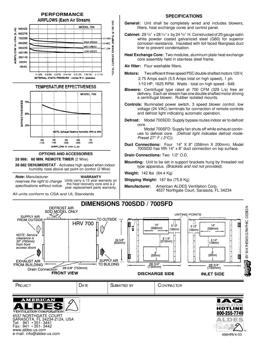 American Aldes HRV 700SDD, HRV 700SFD manual Dimensions 700SDD / 700SFD, Warranty 