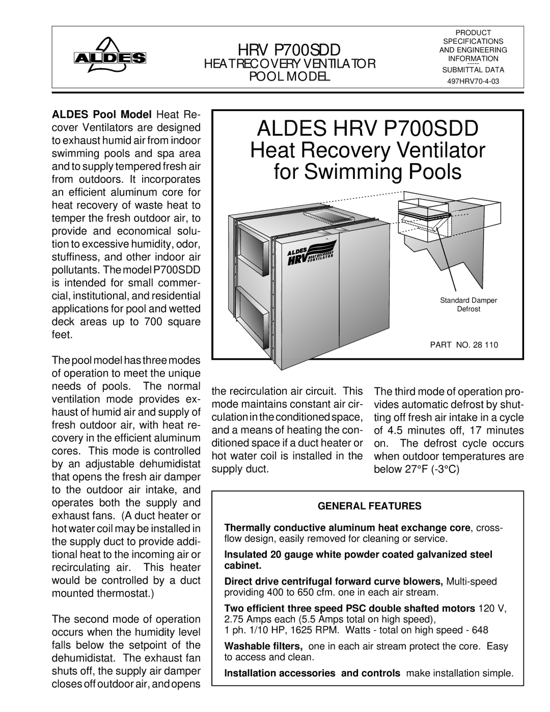 American Aldes HRV 700SDD, HRV 700SFD manual Heat Recovery Ventilator 