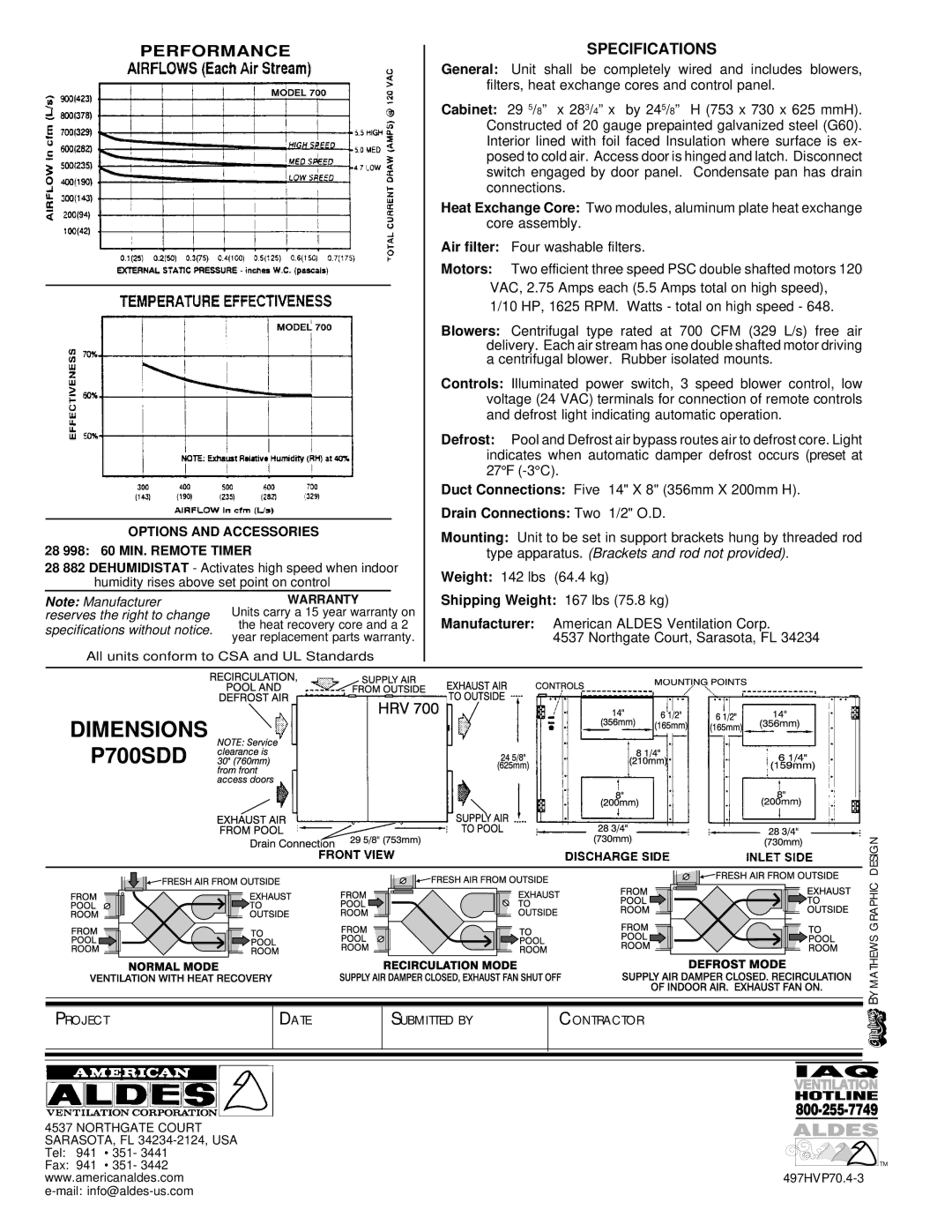 American Aldes HRV 700SFD, HRV 700SDD manual Dimensions P700SDD, Options and Accessories 