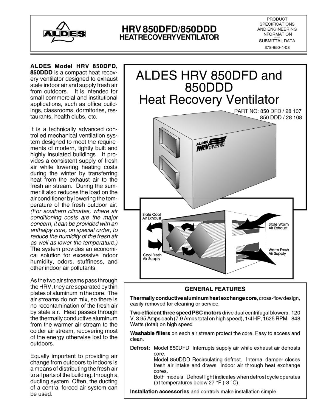 American Aldes HRV 700SDD, HRV 700SFD manual Aldes HRV 850DFD 