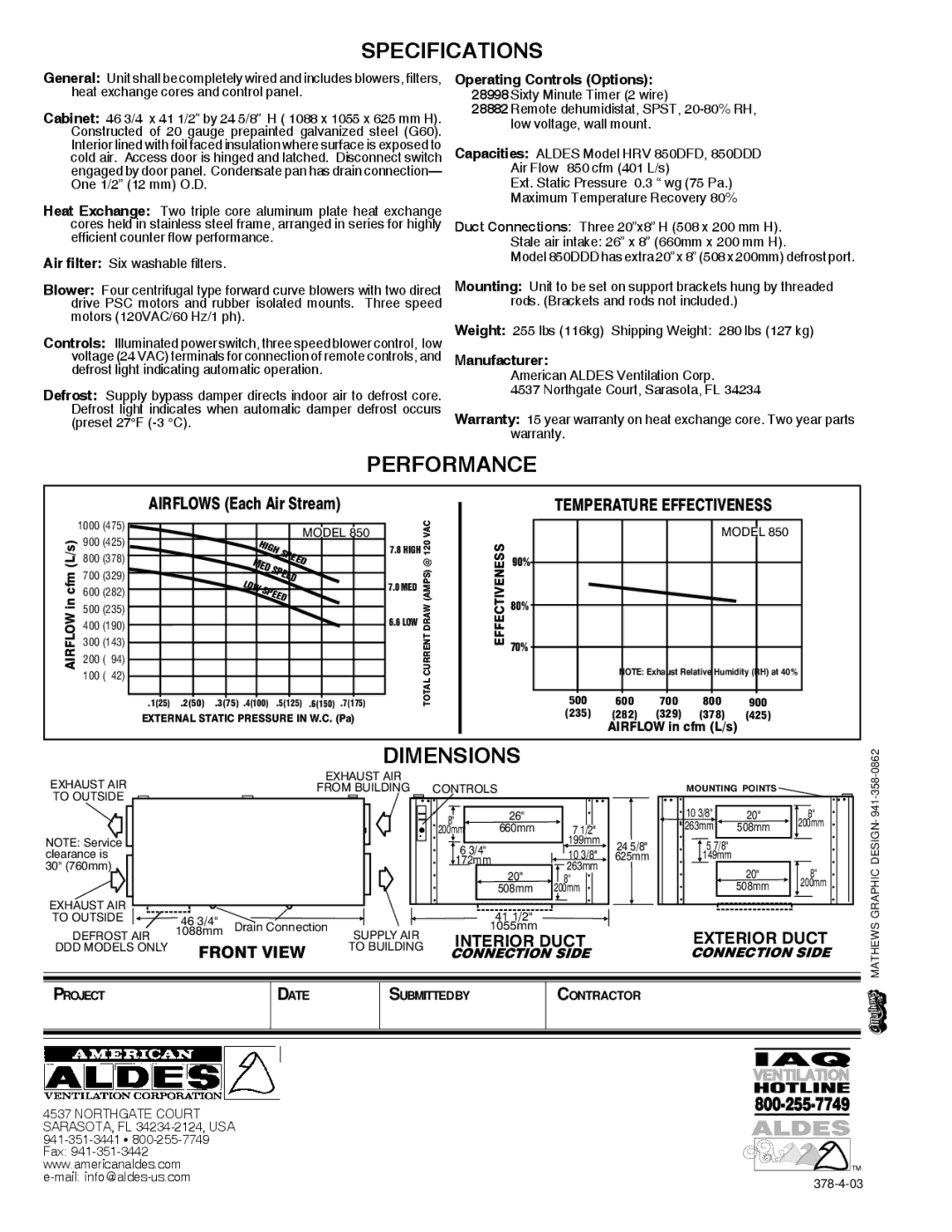 American Aldes HRV 700SFD, HRV 700SDD manual Specifications, Performance, Dimensions 