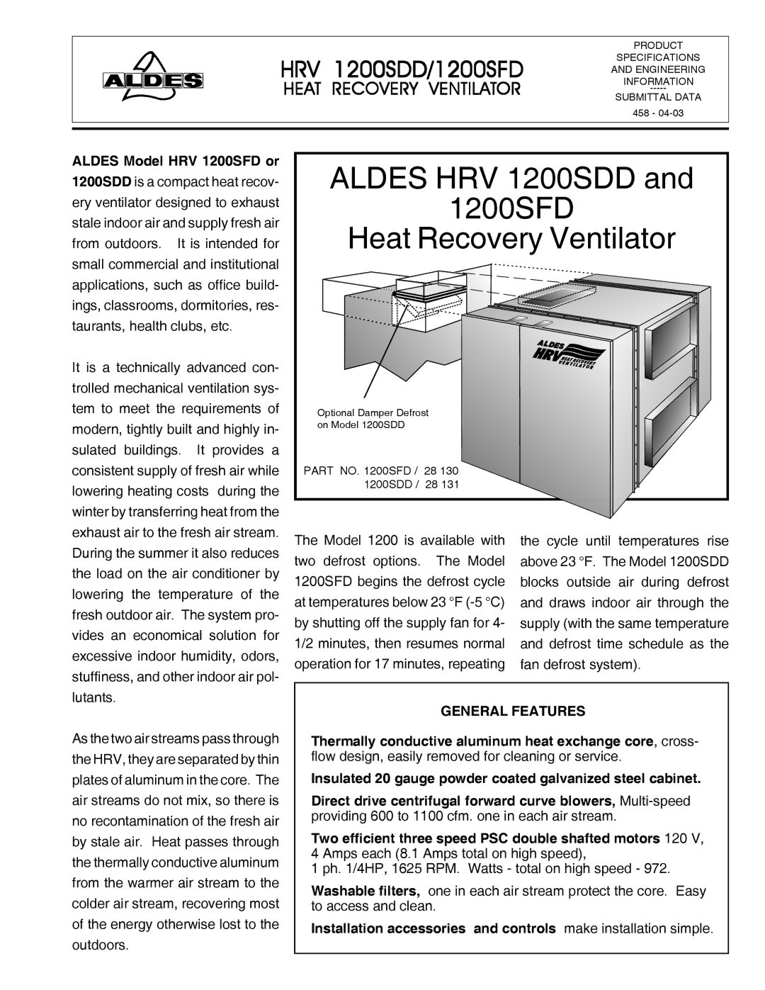 American Aldes HRV 700SDD, HRV 700SFD manual Aldes HRV 1200SDD 