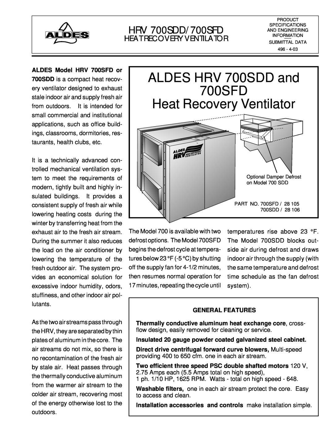 American Aldes HRV 700SFD manual ALDES HRV 700SDD and, Heat Recovery Ventilator, HRV 700SDD/700SFD 