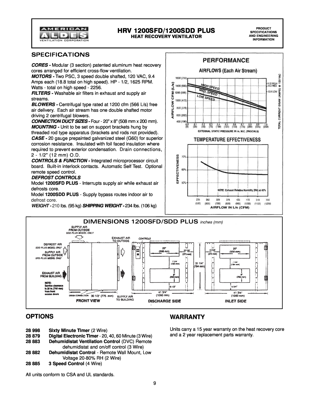 American Aldes HRV 700SDD manual HRV 1200SFD/1200SDD PLUS, Options, Warranty, Specifications, Heat Recovery Ventilator 
