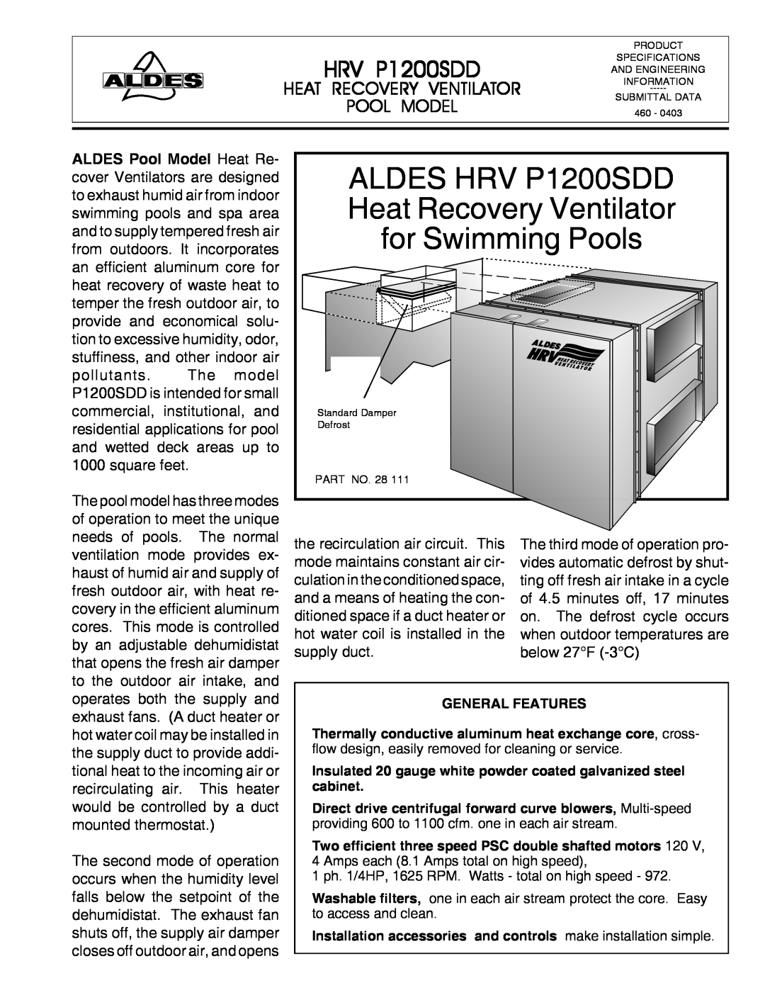 American Aldes HRV 700SFD, HRV 700SDD manual ALDES HRV P1200SDD, for Swimming Pools, Heat Recovery Ventilator 