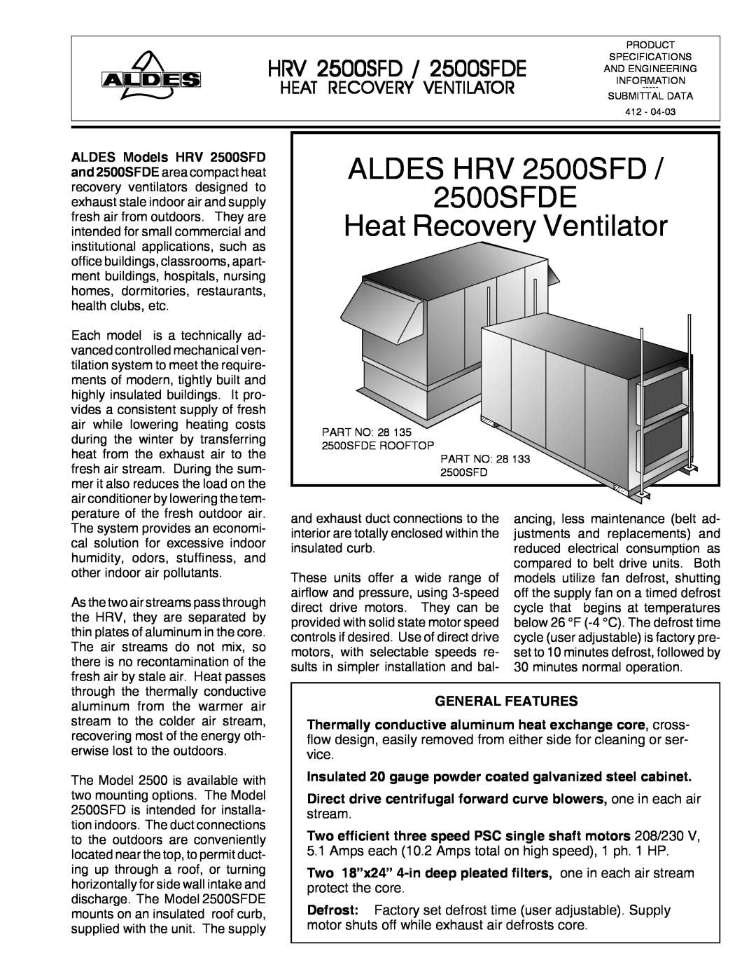 American Aldes HRV 700SDD, HRV 700SFD manual ALDES HRV 2500SFD, HRV 2500SFD / 2500SFDE, Heat Recovery Ventilator 