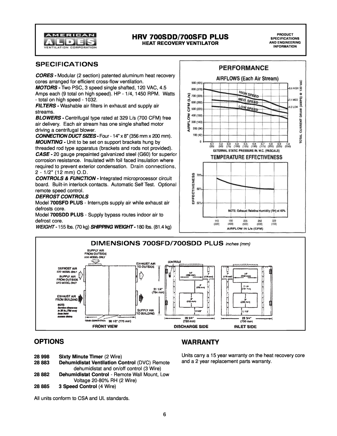 American Aldes HRV 700SFD manual HRV 700SDD/700SFD PLUS, Options, Warranty, Specifications, Heat Recovery Ventilator 