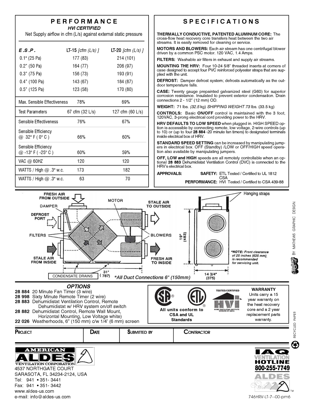 American Aldes LT-20, LT-15 specifications R F O R M a N C E, Specification S 