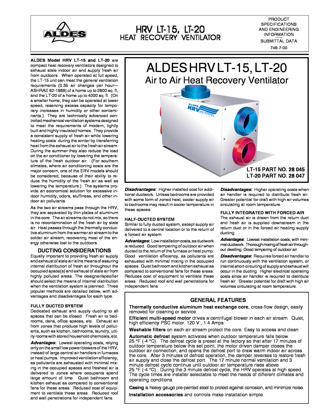 American Aldes specifications ALDES HRV LT-15, LT-20, Air to Air Heat Recovery Ventilator, LT-15PART NO. 28 
