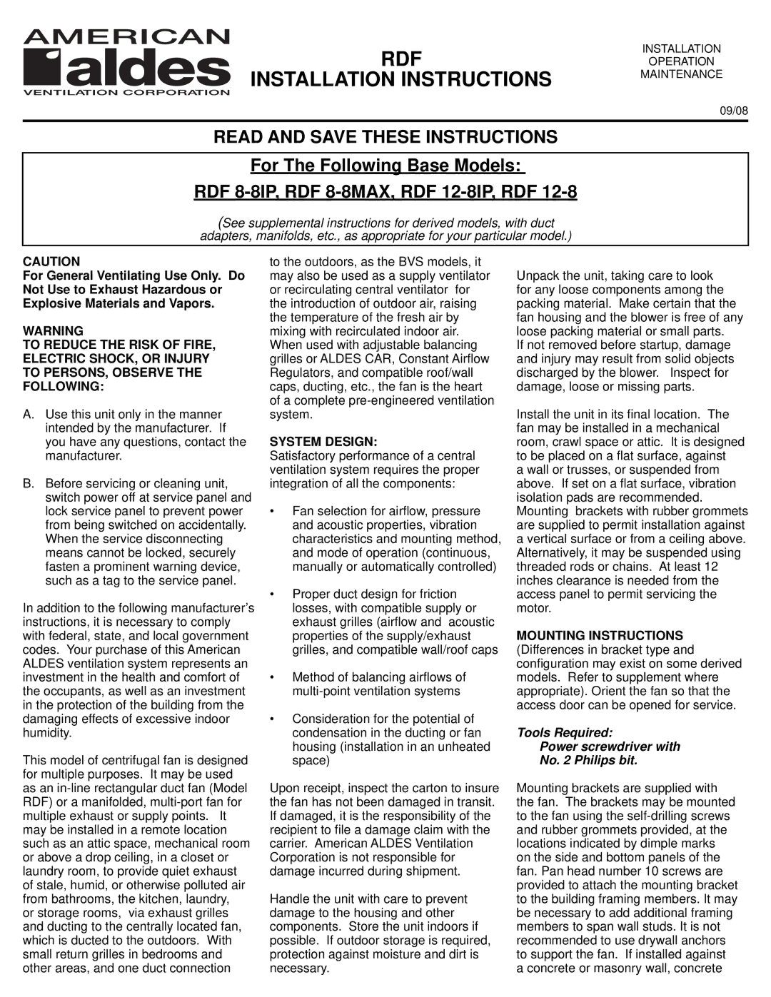 American Aldes RDF 8-8IP installation instructions RDF Installation Instructions, System Design, 09/08 