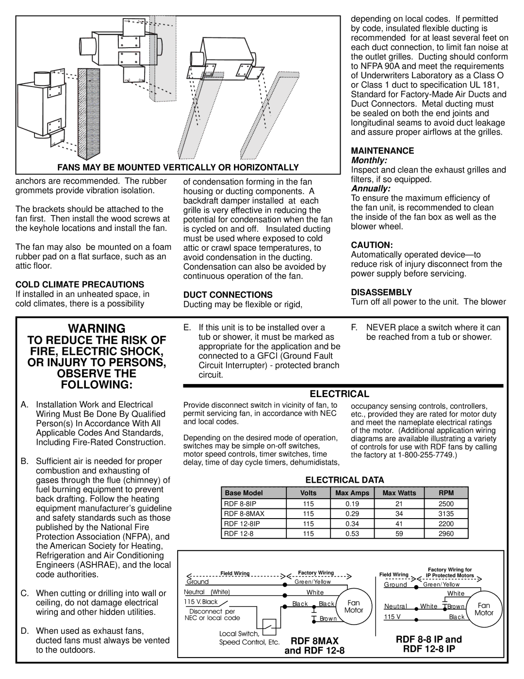 American Aldes RDF 8-8IP installation instructions Electrical, Monthly, Annually 