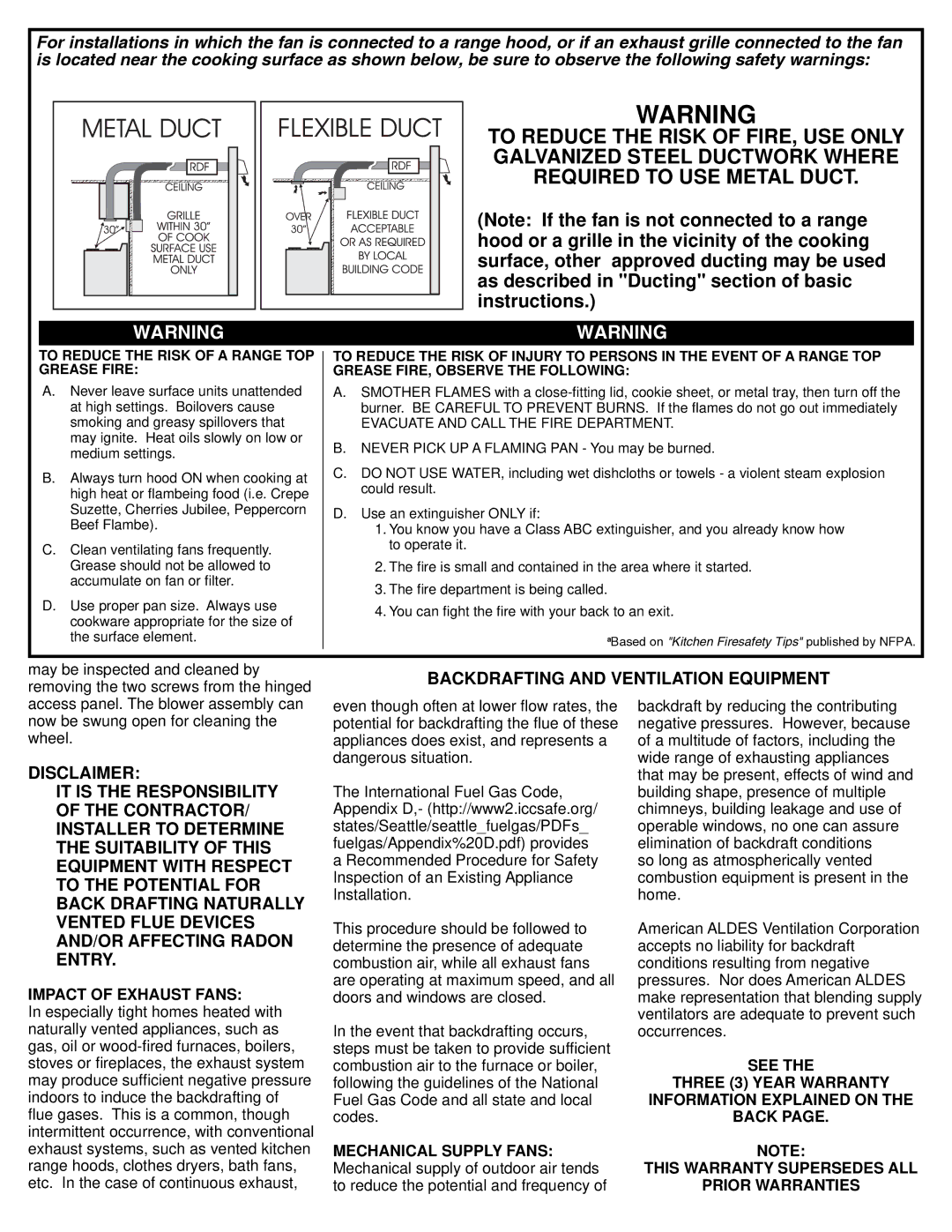 American Aldes RDF 8-8IP installation instructions Backdrafting and Ventilation Equipment, Impact of Exhaust Fans 