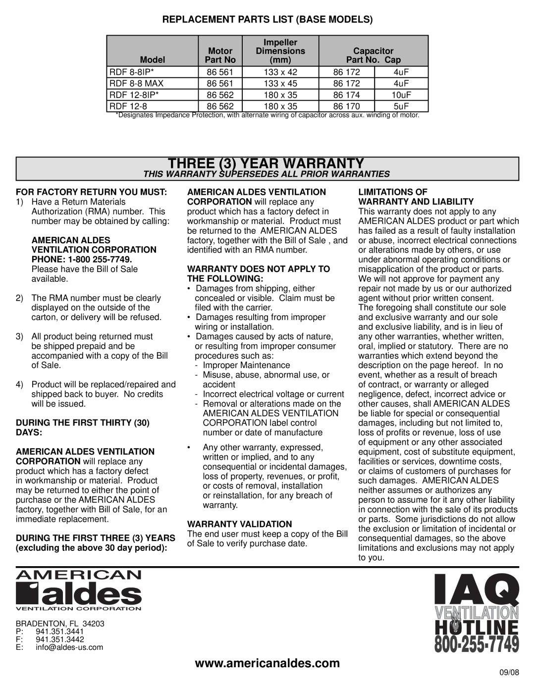 American Aldes RDF 8-8IP Replacement Parts List Base Models, For Factory Return YOU Must, During the First Thirty 30 Days 