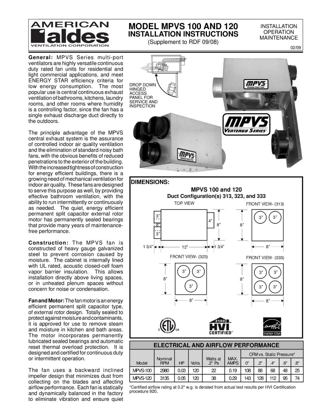 American Aldes RDF 8-8IP installation instructions Model Mpvs 100, Dimensions, Electrical and Airflow Performance, Max 