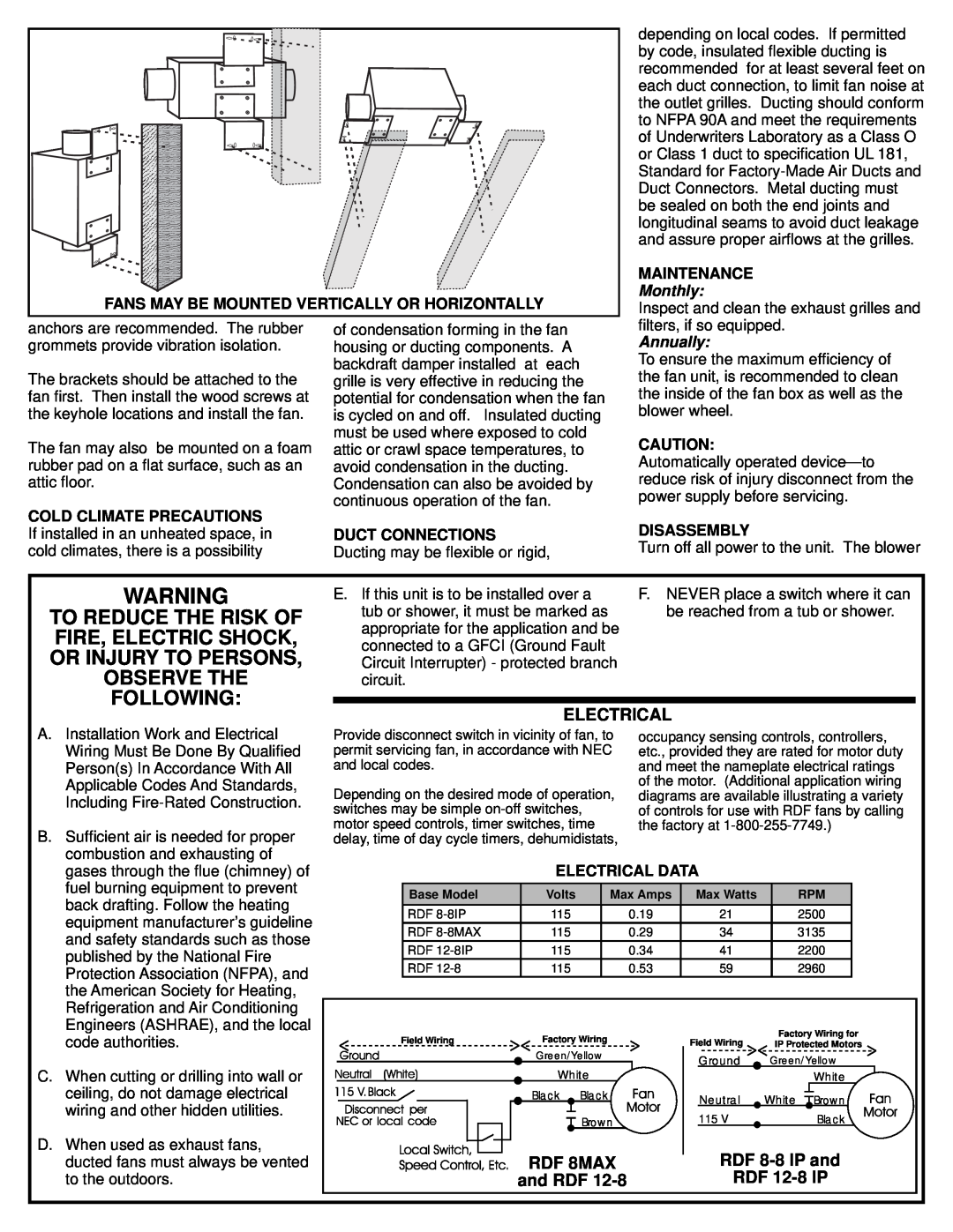 American Aldes installation instructions Electrical, RDF 8-8IP and, and RDF, RDF 12-8IP, Monthly, Annually, RDF 8MAX 